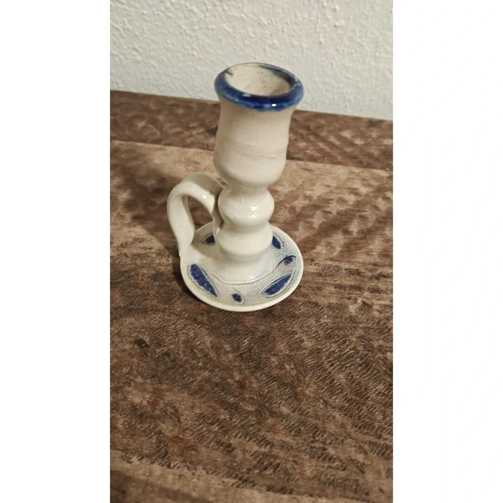 Williamsburg Pottery  Candlestick Holder Salt Glazed Cobalt Blue Leaf Gray